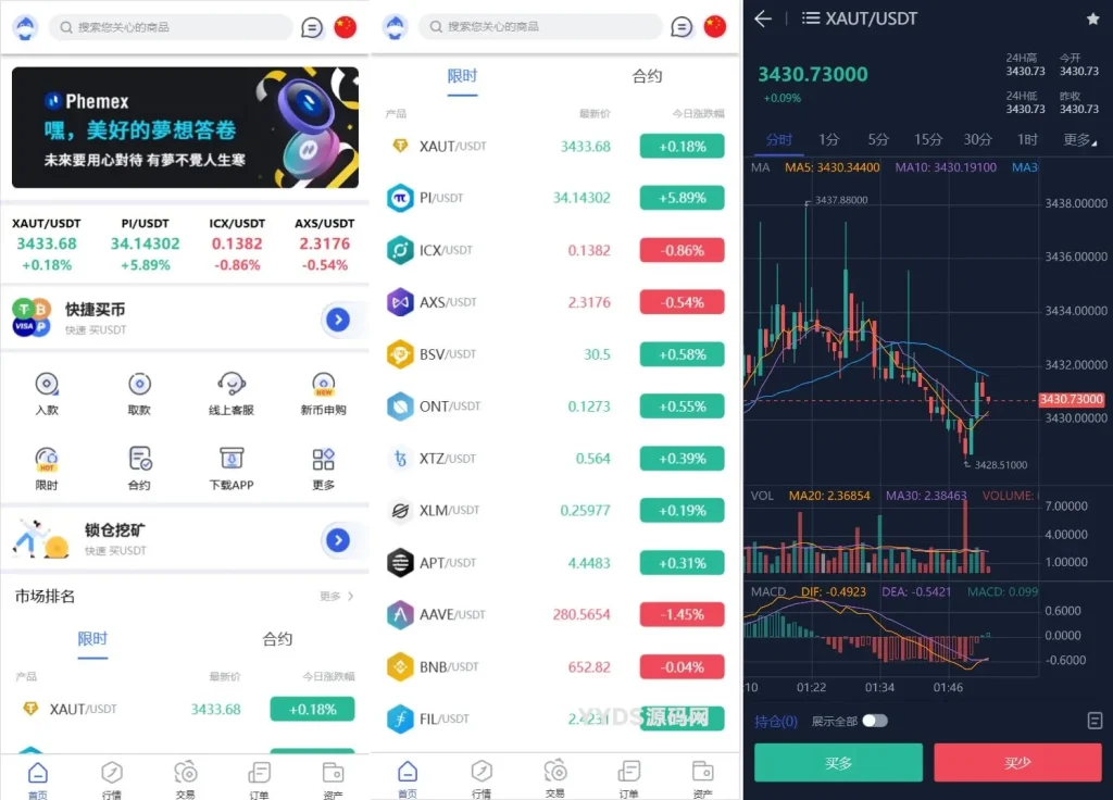 Phemex多语言交易所源码/期权交易+合约交易+新币申购+锁仓挖矿+平台币发行+K线行情控制/前端uniapp编译后+后端PHP-旺仔源码资源站(精选亲测)
